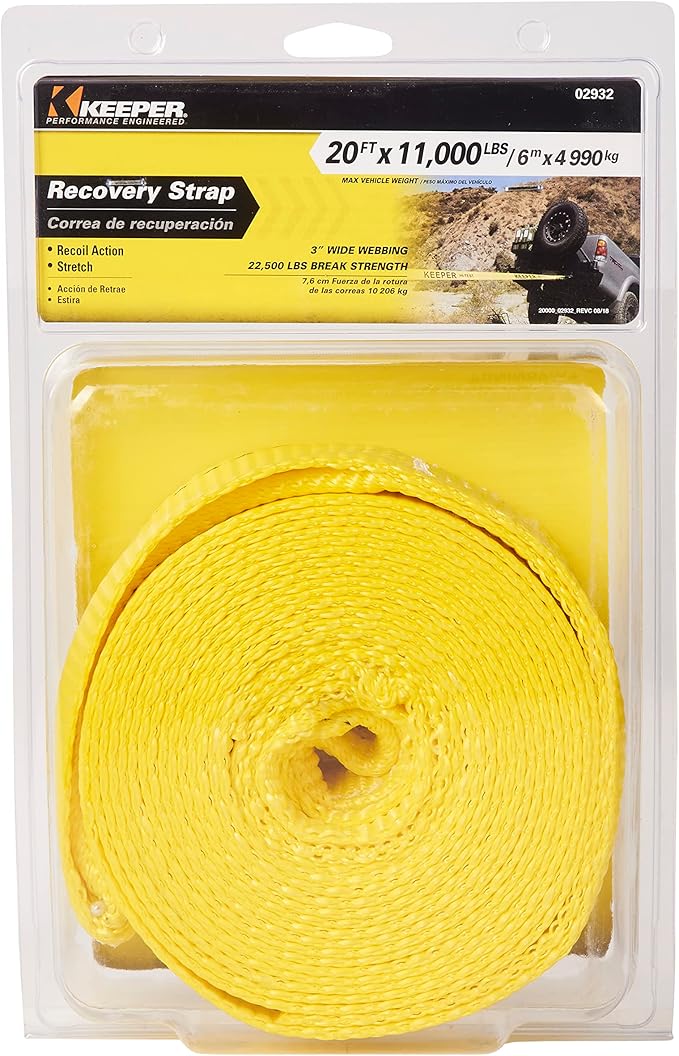 Keeper Tow Straps Heavy Duty with Loops - 3" x 20' Towing and Recovery Rope, 22,500 lbs Break Strength - Designed for Trucks, SUVs, and Off-Road Recovery