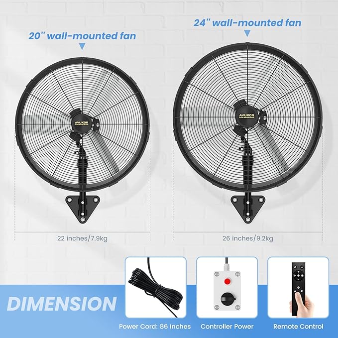 Outdoor Wall Mount Fan, 4 Speed Oscillating Wall Fan with All Sealed Brushless DC Motor, Heavy Duty Industrial Fans, Waterproof Fans for Patios, House, Garage, Warehouse, Factory, 20'' Remote Control