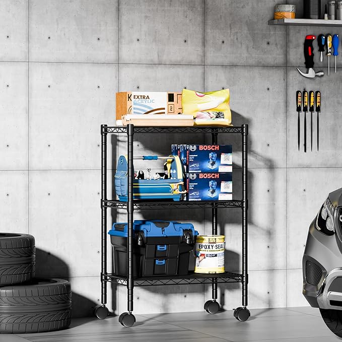 DUMOS Industrial 3 Level Grid Storage Rack ,Mobile Metallic Shelving System with Lockable Wheels, Multi-Purpose Cabinet for Workshop, Culinary Space, Storeroom, Washroom & Restroom Black