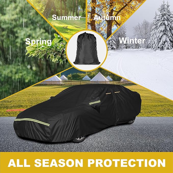 INSAUTO Heavy Duty Waterproof All-Weather Car Cover for Sedans (185–193 Inches), Outdoor Full Car Cover with Door Zipper, Protects from Sun, Rain, Snow, Dust & UV (Black)