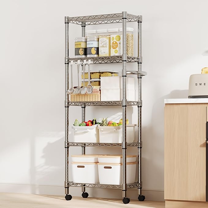 GarveeHome 5-Tier Heavy Duty Storage Shelves 1100 LBS Metal Wire Rack Shelving with Lockable Wheels, 61" H Rolling Storage Rack for Kitchen Garage Bedroom