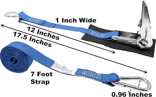 1 Inch Stainless Steel Ratchet Strap, Protective Pad Under Buckle Stainless Steel Carabiner Clip with Grommet On Each End, Fixed End Strap, Total Strap Length 8 Ft