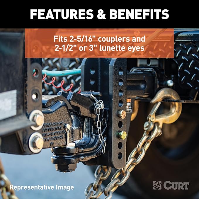 Curt Manufacturing 45907 Adjustable Trailer Hitch Mount 2-5/16" Ball Pintle Combo (fits 2" Receiver, 13,000 Lbs. Gtw, 6" Drop, 5-1/4" Rise)