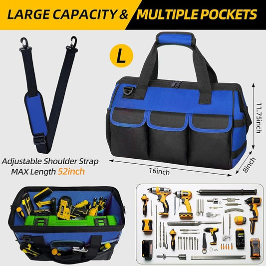 NECKORY Tool Bag, Portable Tool Box Organizer Adjustable Shoulder Strap, Carry Tool Tote Heavy Duty Tool Storage Bag With Wide Mouth,Tool Bags for Men Mechanic EngineerGift - L, Blue & Black