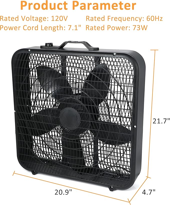 Simple Deluxe 20” Box Fan, 3-Speed Cooling Table Fan with Aerodynamic Shaped Fan Blades, Convenient Carry Handle and Safety Grills, Black