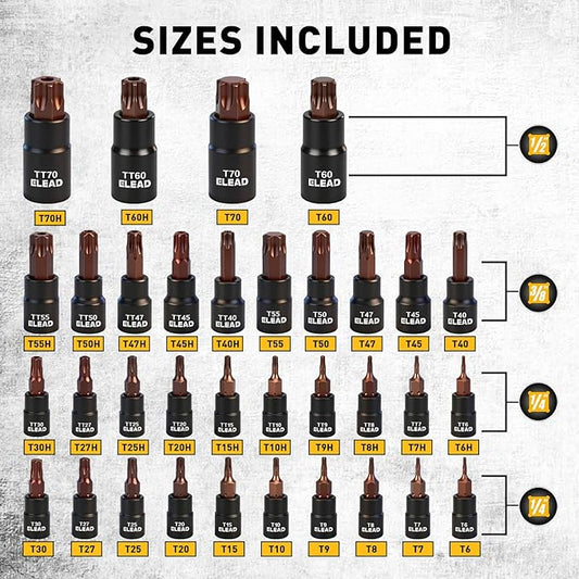 37-Piece Master Torx Bit Socket Set, 1/4", 3/8", 1/2" Drive Star & Tamper Proof T6-T70, T6H-T70H, Premium CR-V & S2 Alloy Steel, Ratchet Wrench, Sockets Adapter, High Torque for Automotive Mechanic