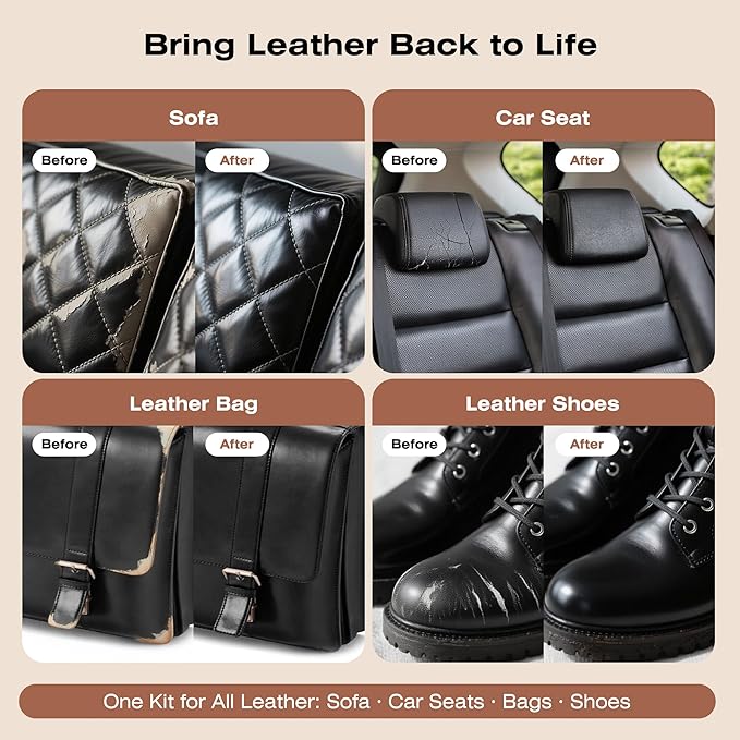 12H Quick-Dry Leather Repair Kit with 3.53Oz Dark Brown Leather Recoloring Balm, Filler & 4.23Oz Care Cream, 3-in-1 Vinyl Repair Set for Sofa, Car Seats, Jackets, Purses, Shoes, Faux Leather and More