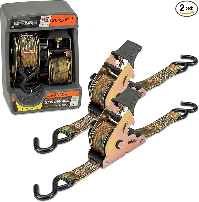 SmartStraps 10’ Retractable Ratchet Straps, 2 Pack — Heavy Duty Camo Ratchet Straps, 3,000lb Break Strength, 1,000lb Safe Work Load — Haul Motorcycles, Boats, and Appliances with Patented Technology
