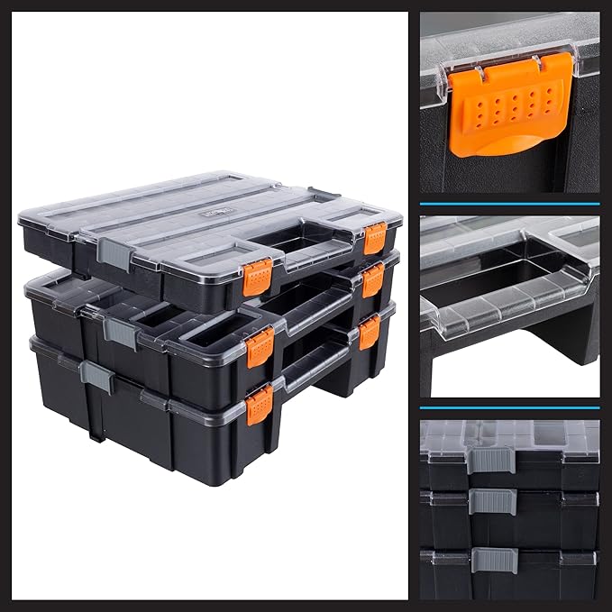Tool Box Organizer - 3-in-1 Portable Parts Organizer with 52 Customizable Compartments to Store Hardware, Craft Supplies, or Beads by Stalwart (Gray)