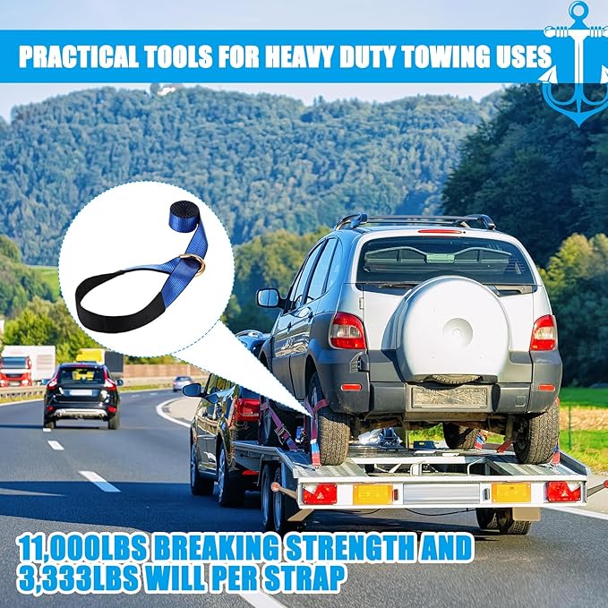8 Pack Lasso Tow Truck Straps with D Ring 11, 000 Lbs Break Strength D Ring Auto Tie Down Wheel Lift Trailer Strap for Hauling Utv SUV Wrecker Rollback (2" X 8ft,Blue)