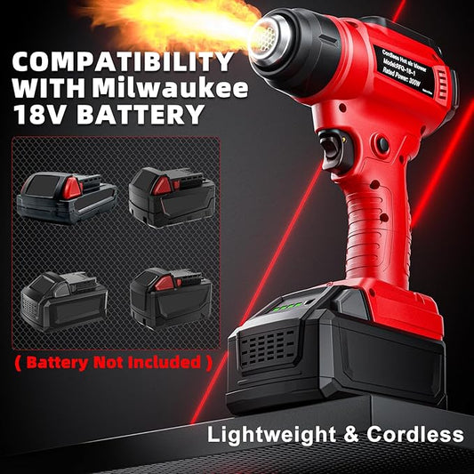 Cordless Heat Gun for Milwaukee 18V Battery, 350W 1022°F (550°C) Soldering Heat Gun, Variable Temperature Control Hot Air Gun Kit with 4 Nozzles and Scraper, for Shrink Tubing, PVC Wrap(NO Battery)
