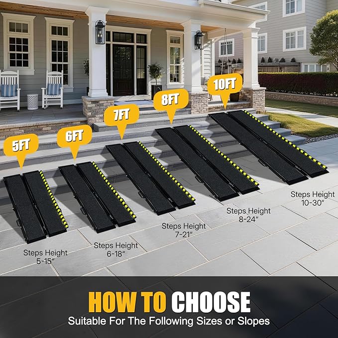 8 FT Portable Wheelchair Ramp - Non-Slip Aluminum Folding Handicap Ramp for Easy Door Threshold Access - Lightweight & Durable for Home Steps, Stairs, Doorways, Matte Black