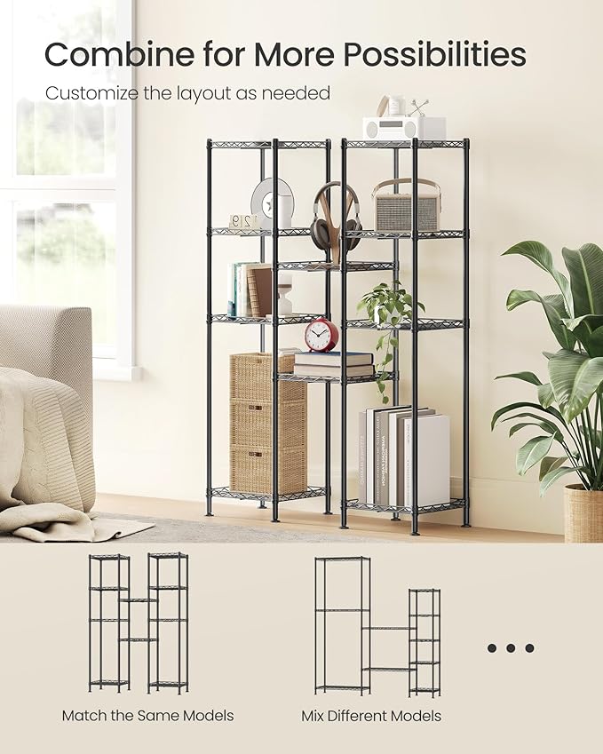 SONGMICS Storage Shelf, Small Metal Wire Shelving Unit, Adjustable Shelves, for Small Spaces, Garage, Bedroom, Living Room, Kitchen, Pantry, 5 Tier, 11.8 x 11.8 x 47.6 Inches, Ink Black ULGR123BH01