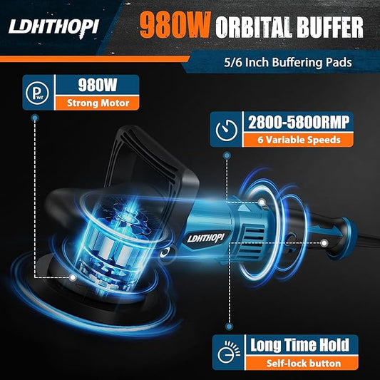 LDHTHOPI Dual Action Polisher, 980W 5/6 Inch, 9MM Random Orbital Buffer Polisher for Car Detailing, 2800-5800RMP, 6 Variable Speed Buffer Polisher with 8 Detachable Pads
