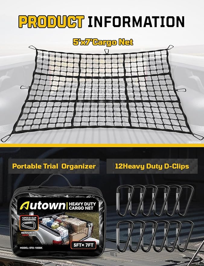 AUTOWN Cargo Net for Pickup Truck Bed - Stretchable 5' x 7' to 10' x 14' with 4" x 4" Mesh, Heavy Duty 10mm Cord Bungee Bed Netting with 12 Metal Carabiners - Ideal for ATV, SUV, UTV and Truck