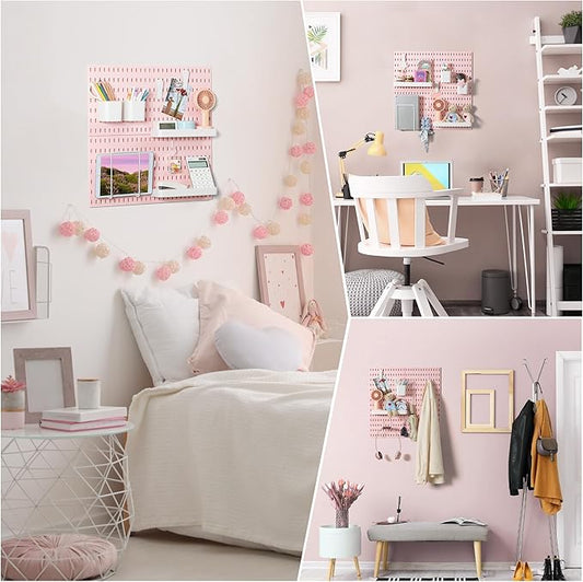 VUSIGN Pegboard Combination Wall Organizer Kit, 4 Pieces Pegboards and 17 Accessories Modular Hanging, Wall Mount Display Peg Board Panel Kits for Bedroom, Home, Office, Bathroom, 22" x 22", Pink