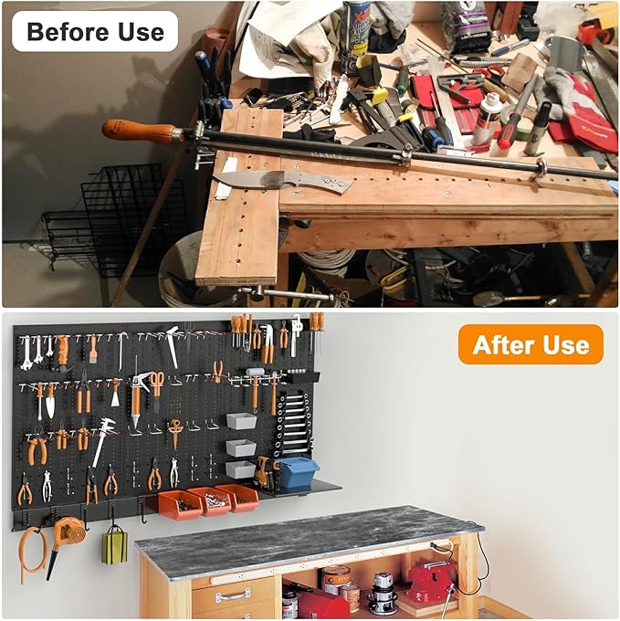 TORACK Metal Pegboard Wall Organizer for Garage, 109PCS Pegboard Accessories Organizer Kit with Pegboard Bins, Hooks, Peg Locks, Pegboard Storage System for Workbench, Garage, Shop, Shed(Black)
