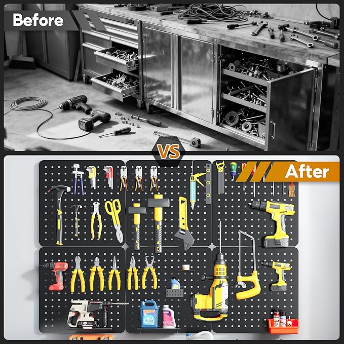 Peg Board, 70PCS Heavy Duty Metal Pegboard with Hooks, 6 Pack Black Peg Board Panels, 50lbs Load Capacity Each, Pegboard Wall Organizer for Garage, Workshop, Craft Rooms Total 24” x 36”