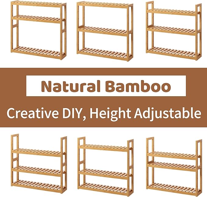 FILWH Bamboo Organizer Rack - Adjustable 3-Tier Storage Shelf, Wall Mounted or Over The Toilet, Living Room, Kitchen (Natural)