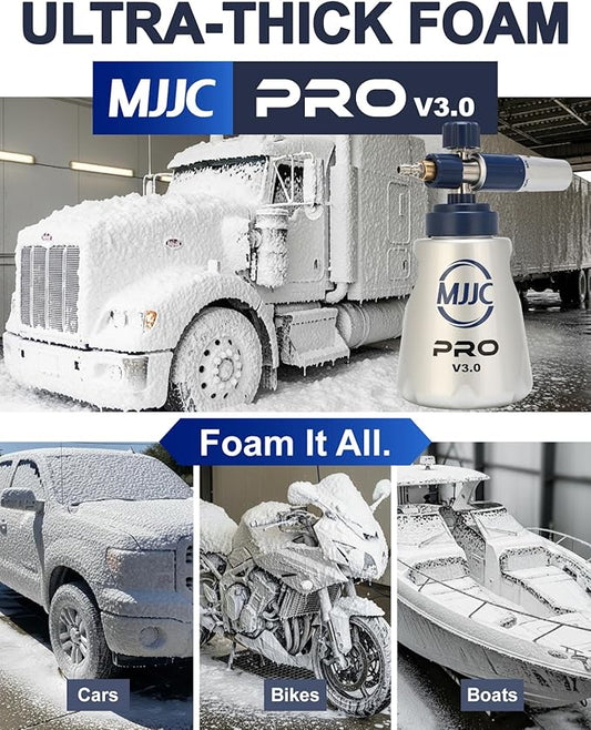 MJJC PRO V3.0 Ultimate Foam Cannon for Pressure Washers – Professional Car Wash Accessory Kit with Thick Foam, Stainless Steel, 44 fl oz Bottle (Pro V3.0 (1/4" Quick Connector) + SOAP Sample)