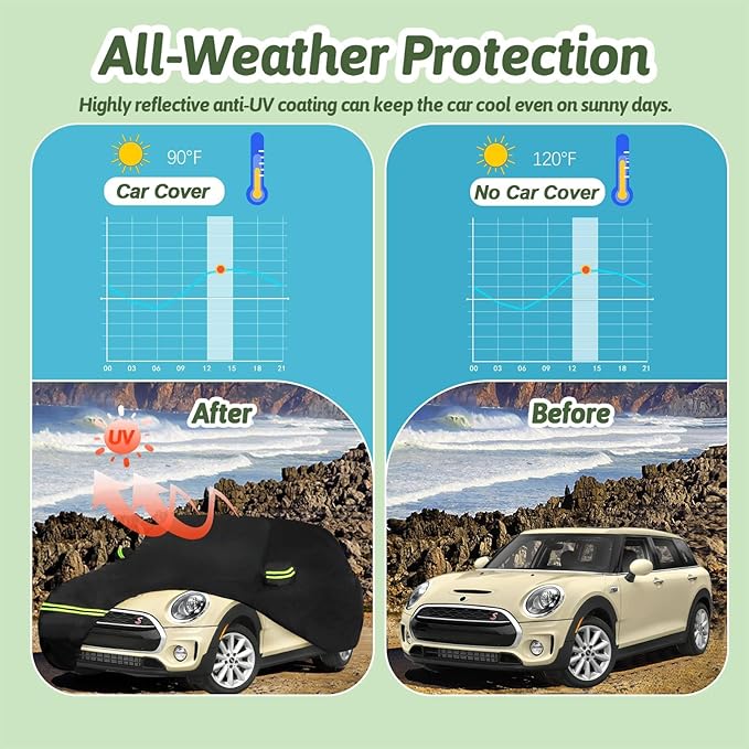 Car Cover for 2014-2025 Mini Cooper/Cooper S/Hardtop/Clubman/Countryman 4 Door, Waterproof All-Weather Protection Full Cooper Car Cover with Cotton Lining and Zipper Door-Black