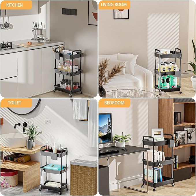 3 Tier Rolling Utility Cart with Handle,REBECAT Utility Cart Made of Multifunctional Storage Organizer Tool for Kitchen,Bathroom,Living Room,Office(Black)