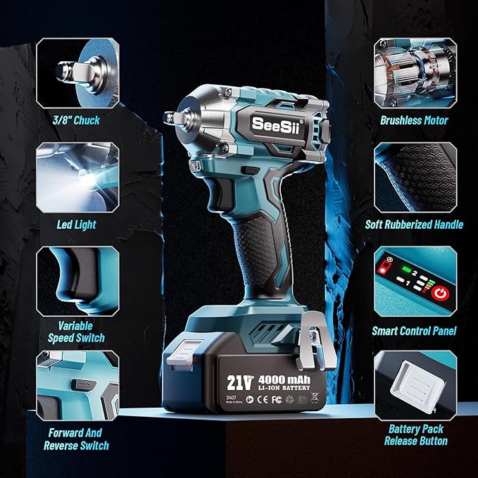 Seesii 3/8" Cordless Impact Wrench, Power Impact Gun w/Max Torque 330Ft-lbs(450N.m), 4.0Ah Rechargable Battery & 4 Sockets, Compact Power Impact Wrench for Lightduty Work Car Home,WH450