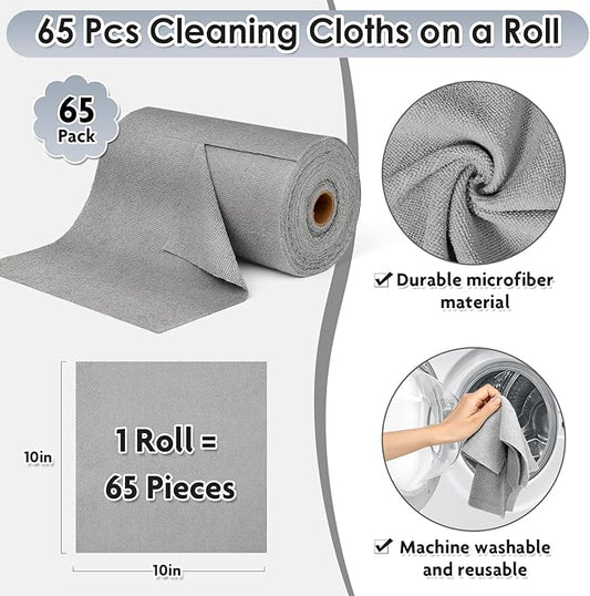 65 Pack of Microfiber Cloths in a Roll, 10" x 10" Reusable Washable Cleaning Rag Tear Away Towels for Auto House Garage Dust Kitchen Bathroom, Lint-Free Not Scratch Cleaning Supplies