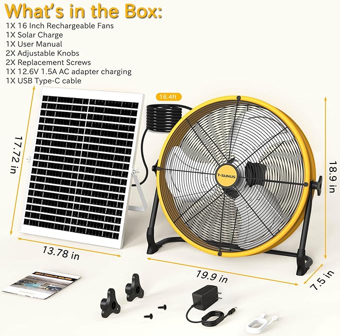 T-SUNUS 16" Solar Powered Floor Fan with 25W Panel & 15600mAh Battery, 2500 CFM Strong Airflow, 4-25H Runtime, USB Phone Charging, 360° Tilt, Quiet for Camping, Patio, Garage, Shed, Tent, RV, Outdoor