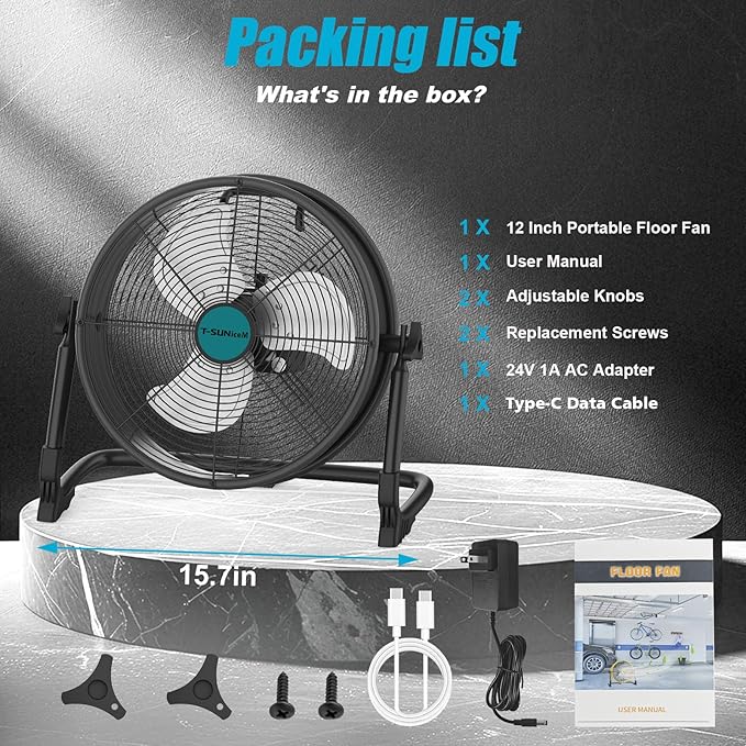 12" Battery Operated Floor Fan Compatible with Makita18V Battery, Portable Fan with AC Adapter and USB Output, Metal Industrial High Velocity, Stepless Speed Cordless Fan for Jobsite Garage Camping