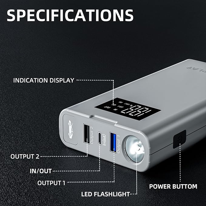 IDEAPLAY Jump Starter, 1500A Car Battery Jump Starter Portable for Up to 7.0L Gas and 5.5L Diesel Engine,Type C Fast Charging Battery Jumper with LED Flashlight