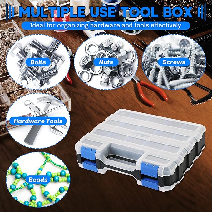 Small Parts Organizer 2 Pack | Storage Case Tools Box 34-Compartments Double Side Organizer Box with Removable Dividers for Small Hardware, Screws, Bolts, Nuts, Nails, Beads (Blue)