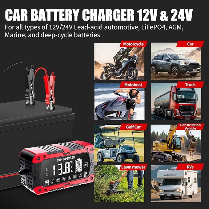 12A Smart Car Battery Charger, 12V/24V Automatic Battery Maintainer & Desulfator - Compatible with LiFePO4 Lithium, AGM, Gel, SLA, Lead-Acid for Truck, Motorcycle, Lawn Mower, Boat