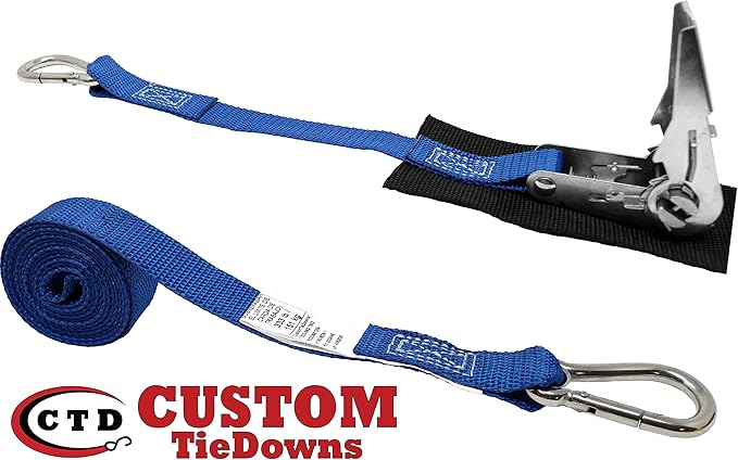 1 Inch Stainless Steel Ratchet Strap, Protective Pad Under Buckle Stainless Steel Carabiner Clip with Grommet On Each End, Fixed End Strap, Total Strap Length 8 Ft