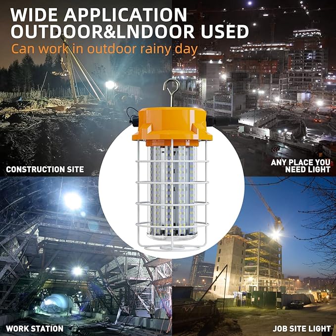 LED Temporary Work Light 100W 15000Lm 5000K Daylight White High Bay led Construction Light with Hook Portable Linkable Durable LED Job Site Lighting for Damp Location Indoor Outdoor Area Lighting