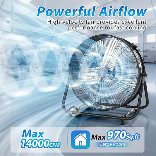 LifePlus 14000 CFM Heavy Duty Industrial Drum Fan, 30 Inch 550W Metal Shop Fan with 3 Speeds, 360° Tilt, Wheels for Warehouse, Commercial, Workshop, Factory and Basement, Black