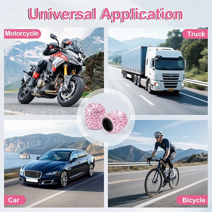 JUSTTOP 4 Pack Handmade Crystal Rhinestone Car Tire Valve Stem Caps, Car Wheel Tire Valve, Attractive Dustproof Bling Car Accessories, Universal for Cars, Trucks and Motorcycles-Pink