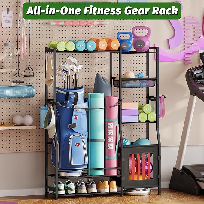 Sports Equipment Organizer Garage Organization , Golf Bag Storage Rack, Organizer for 2 Golf Bag , Indoor/Outdoor Ball Storage Bins for Toy Sports Gear Storage, Ideal for Home, Garage, Club, Basement