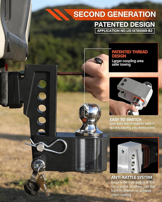 Adjustable Trailer Hitch Ball Mount (Fits 2-Inch Receiver) - 6" Drop/Rise Aluminum Tow Hitch with Triple Balls (1-7/8", 2", 2-5/16") & Double Anti-Theft Locks - 12,500 LBS GTW for Truck SUV