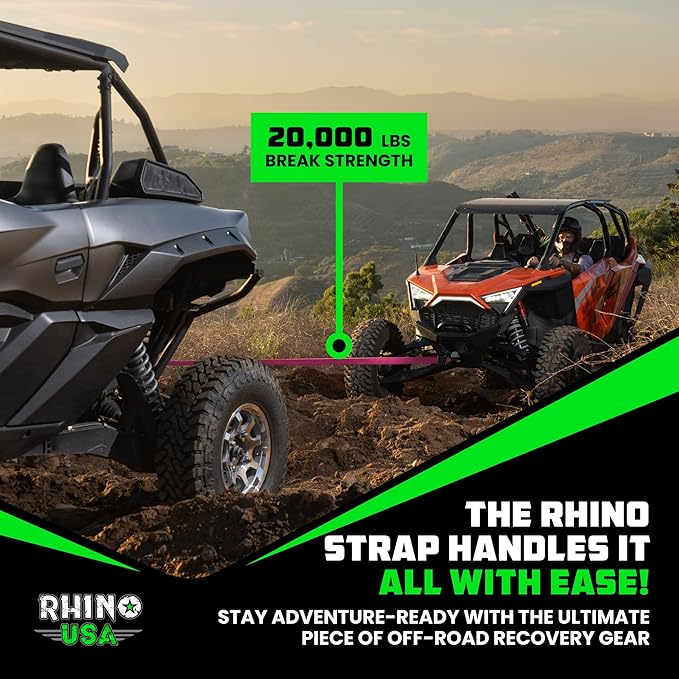 Rhino USA Recovery Tow Strap (2" x 20') - 20,024lb Break Strength - Emergency Recovery Strap Tow Rope for UTV, ATV & More - Heavy Duty Towing Strap for Offroad 4x4 Use - Compatible with RZR and Can-Am