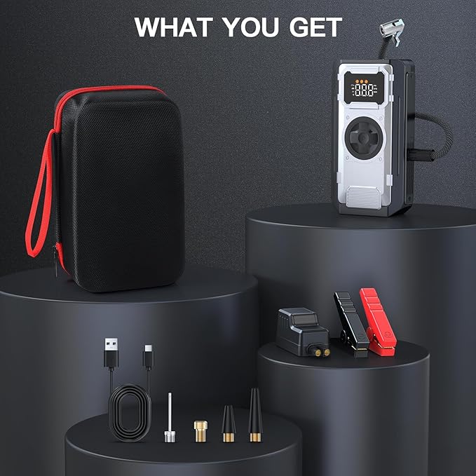 5000A Portable Car Jump Starter with Air Compressor, 150PSI Car Battery Jump Starter (10.0L Gas/8.0L Diesel Engines),12V Pack Jump Box with Large Digital Display, Car Emergency Kit