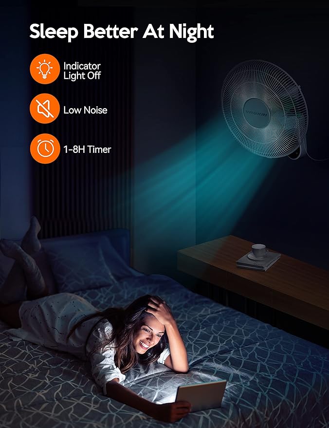 VAGKRI Wall Mount Fan, 16 Inch Wall Fans with 5 Blades, 5 Speeds, 8 Hour Timer, 90° Oscillating Quiet Fans with Remote for Home Office Bedroom Living Room Garage (White)