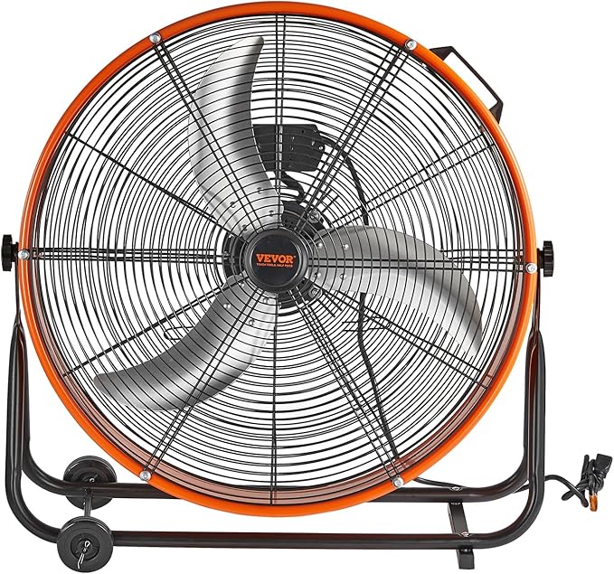 VEVOR Drum Fan, 24 Inch 8700 CFM High Velocity Heavy Duty Floor Shop Fan, 3-Speed, 5ft Cord, 360°Adjustable Tilting, Commercial Industrial Use for Warehouse, Workshop, Factory, Basement