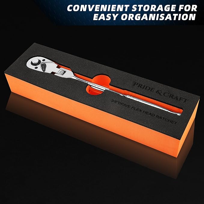 PRIDE&CRAFT 3/8" Drive Flex Head Ratchet 72-Tooth, Socket Wrench Quick Release Reversible Design, Swivel Head Ratchet, Chrome Alloy Made, EVA Organizer