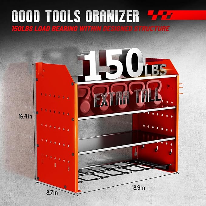 Power Tool Organizer Wall Mount, Garage Tool Organizer with 4 Drill Holders for Cordless Tools.Heavy Duty Drill Holder Wall Mount with Hooks.Red
