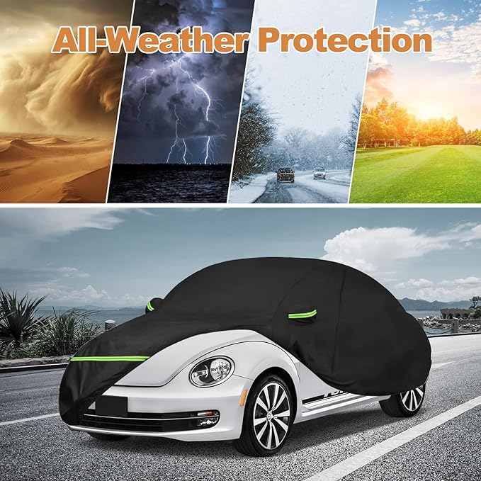 Car Covers for 1998-2023 Volkswagen New Beetle Sedan 2-Door, 210T All Weather Protection Custom-fit Beetle Waterproof Car Cover, w/Zipper Door and Cotton Lining, Rainproof, Dustproof and UV Proof