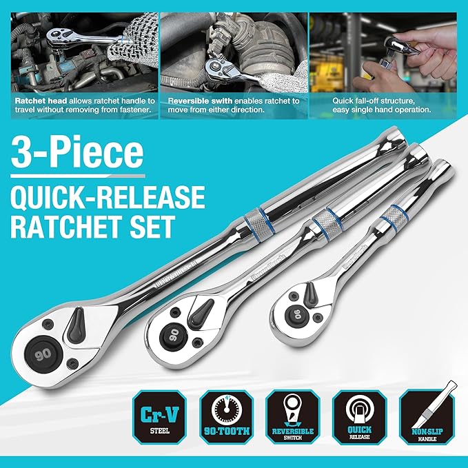 DURATECH 3-Piece Drive Ratchet, 1/4", 3/8", 1/2" 90-Tooth Quick-Release Ratchet Wrench, Reversible, Cr-V Made, Full Polished - with Plastic Insert Storage Box, Gifts for Men, Women, Dad
