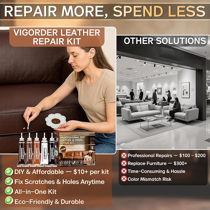 Brown Leather Repair Kit for Furniture, Leather Couch Repair Kit for Furniture, Sofa, Jacket, Purse – Super Easy Instructions to Fix Scratches, Tears, Holes, and Peeling