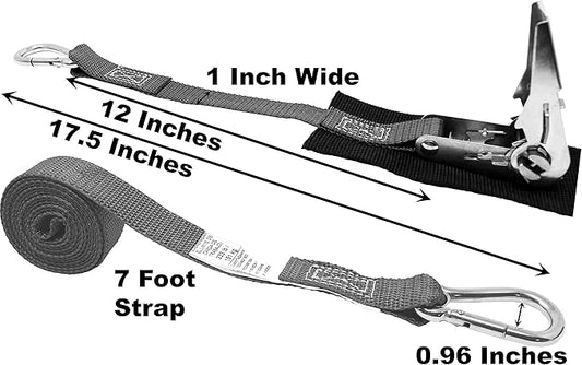 1 Inch Stainless Steel Ratchet Strap, Protective Pad Under Buckle Stainless Steel Carabiner Clip with Grommet On Each End, Fixed End Strap, Total Strap Length 8 Ft