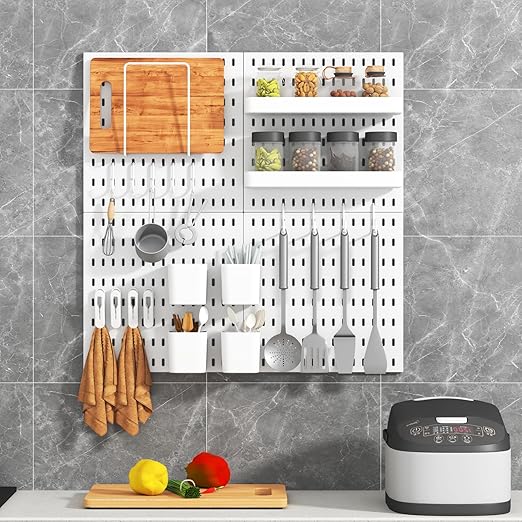 Peg Board Combination Kit, 4 Pegboards with 20 Accessories, Pegboard Wall Organizer for Office, Nursery & Home Storage, Key Holder, 25.6"x25.6" – Nail-Free Installation(White)